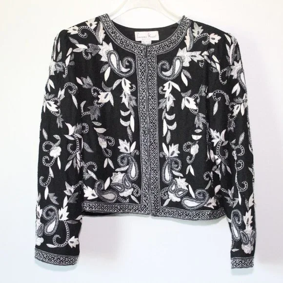 Vintage Laurence Kazar Silk Beaded Embroidered Blazer Jacket Black XL H13428 - Picture 1 of 12
